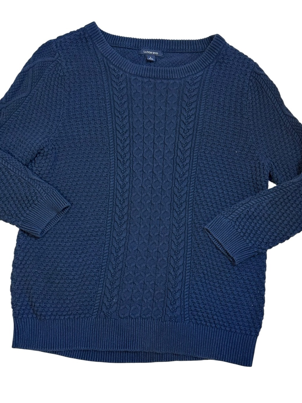 Lands' End Cable Knit Fisherman Sweater Womens Large Crewneck Preppy Navy Boho